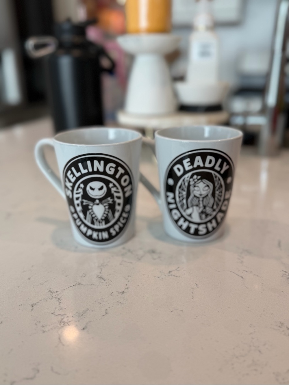 White Halloween Pair Ceramic Mugs with Black Spooky Graphics
